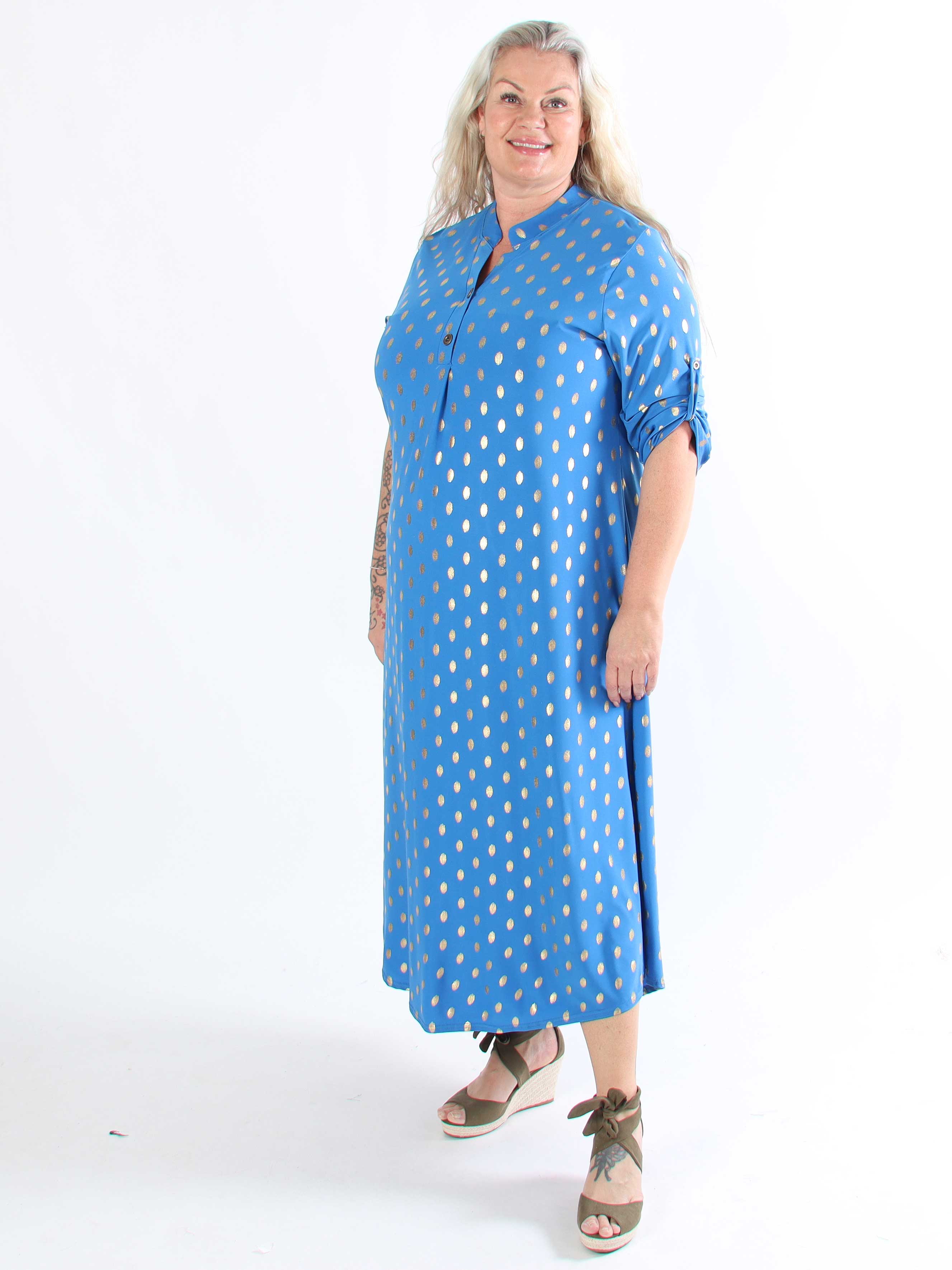 Ebba Gold Dress - Elastisk plus size lang kjole med guld prikker